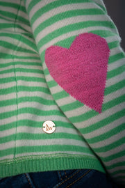 Striped Boxy Crew with Pink Intarsia Elbow Heart