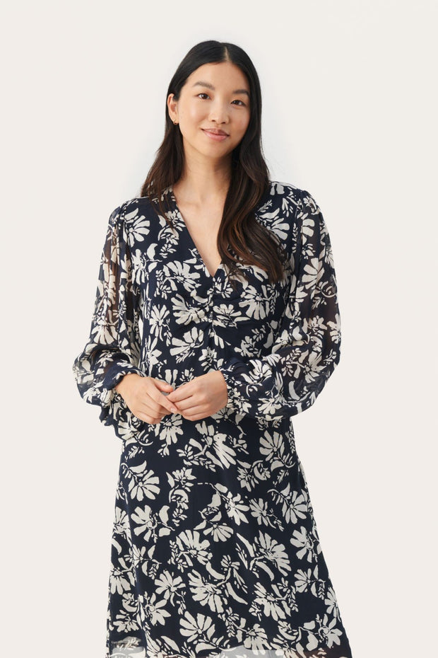 Fionia Dress - Dark Navy Stencil Flower